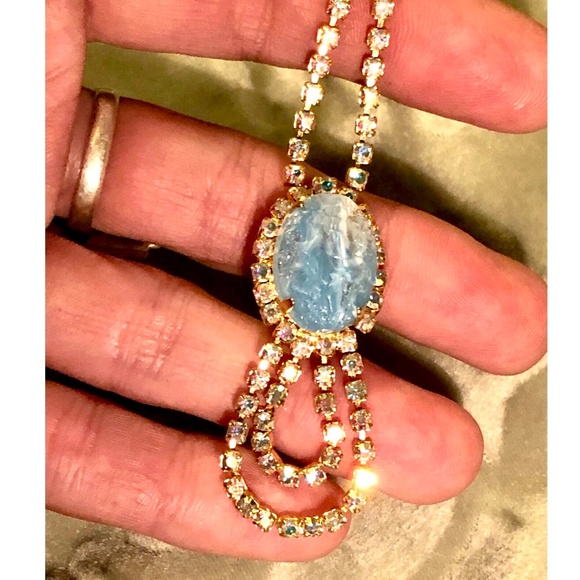 VTG Clear AB Rhinestone and Sky Blue Stone Pendant Necklace~ Occasion Wedding - Picture 10 of 10
